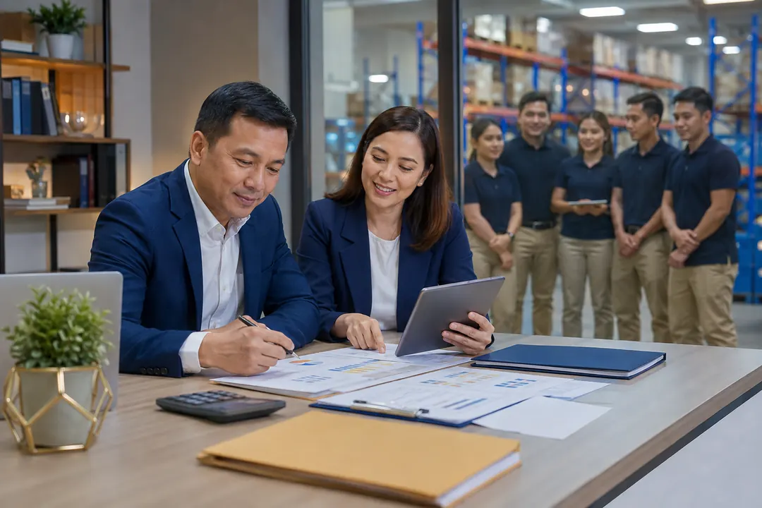 Business owner and manpower coordinator planning staffing costs with an operations team ready
