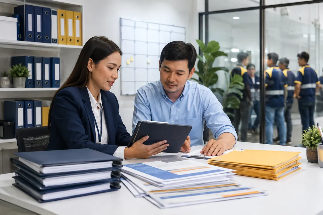HR officer and client supervisor reviewing organized worker records and compliance folders