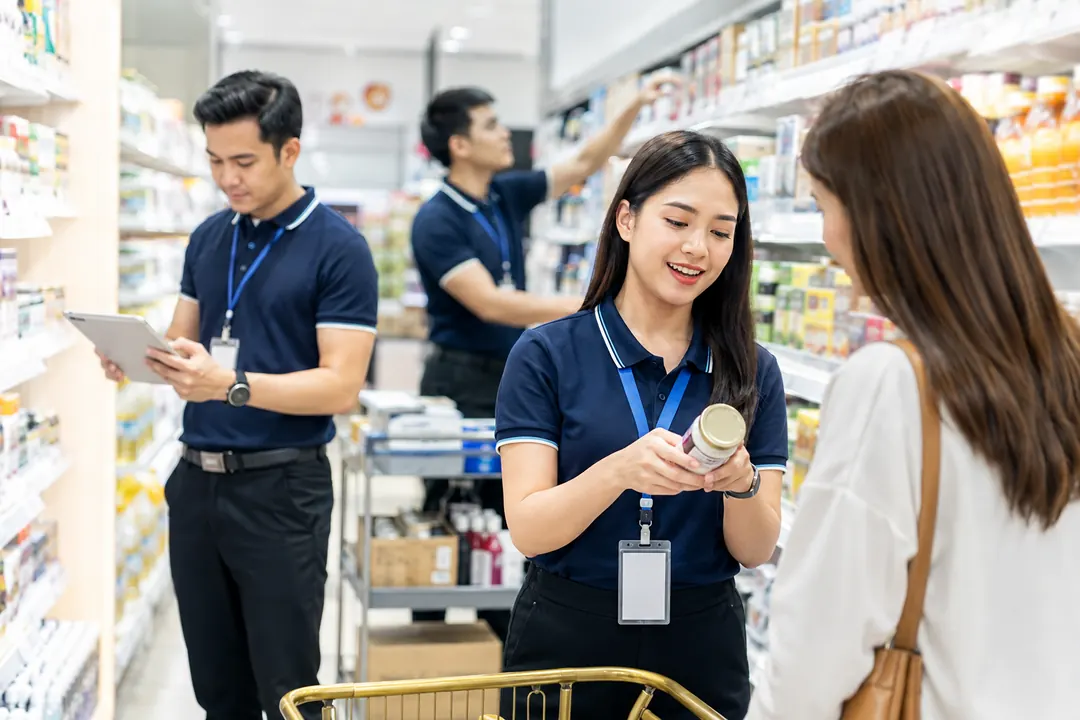 Retail manpower team assisting a customer and arranging product displays