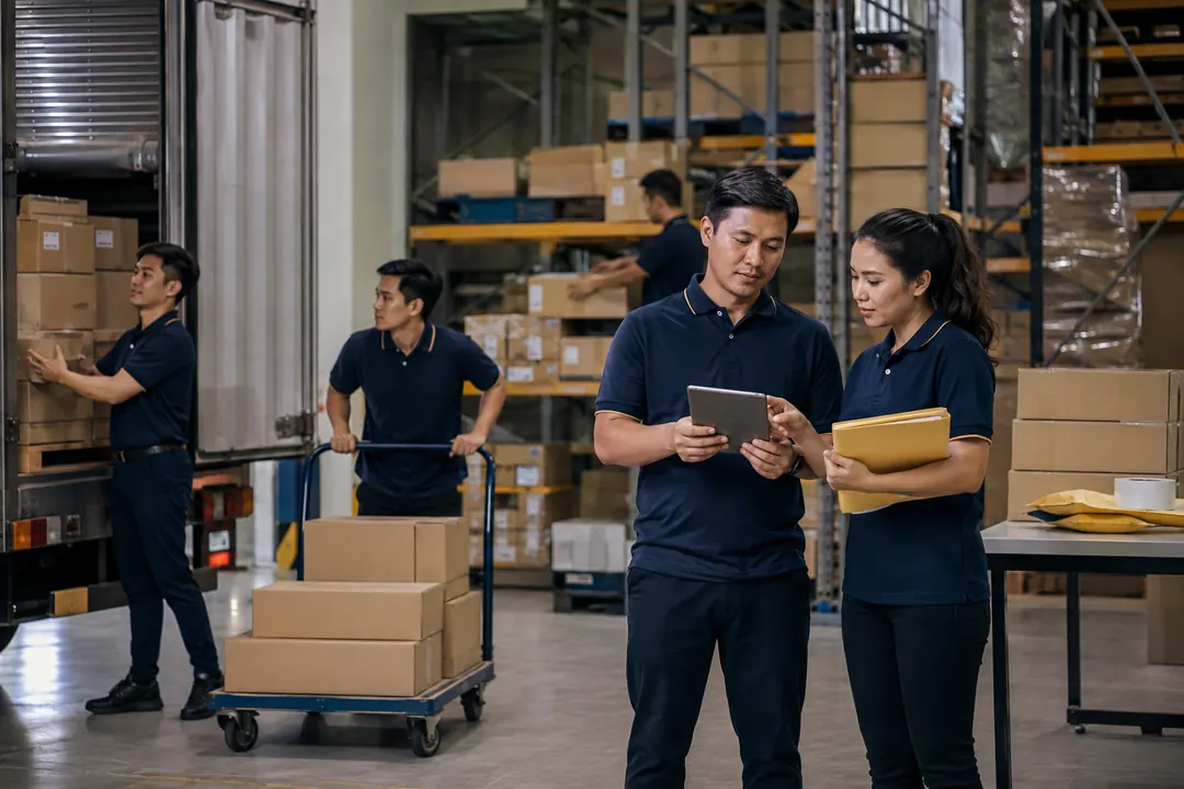 Warehouse manpower team coordinating boxes delivery and inventory movement