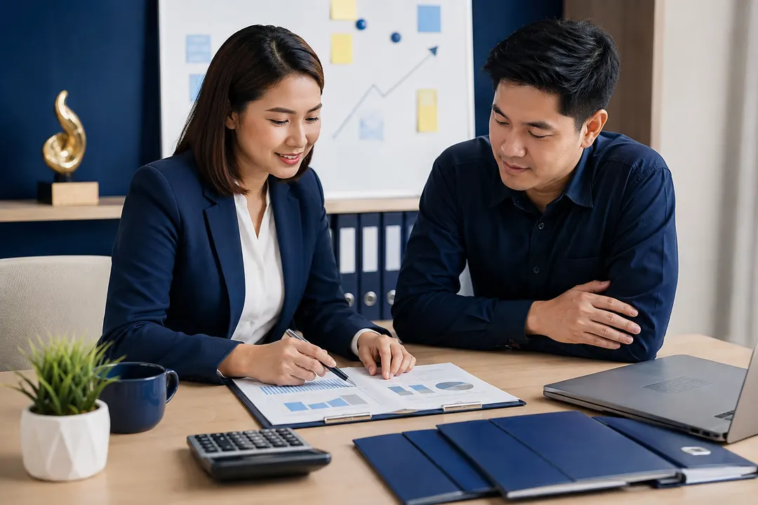 HR coordinator explaining payroll and billing documents to a client manager