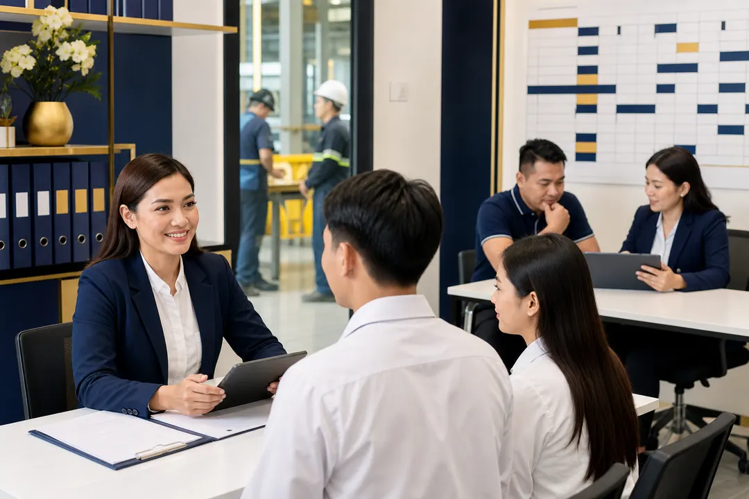Recruiter meeting applicants while a client and coordinator review urgent staffing needs