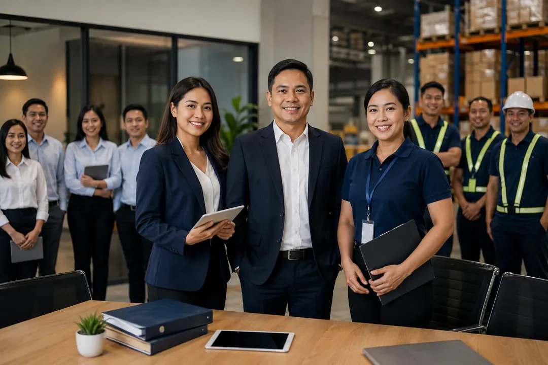 Client company and manpower team standing together for a long-term staffing partnership