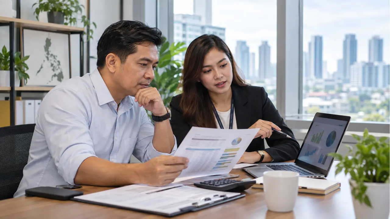 Filipino employer and manpower coordinator reviewing staffing costs and a service quotation
