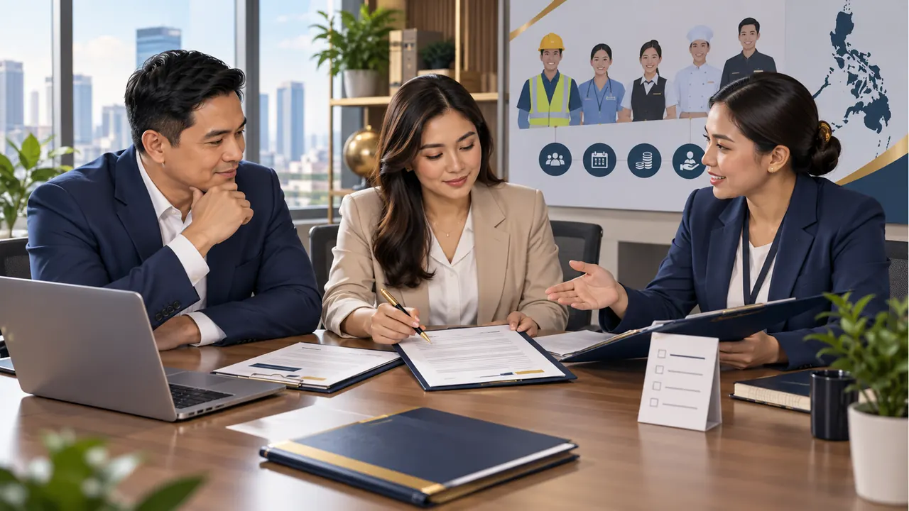 Client decision makers reviewing a manpower service agreement with a staffing representative