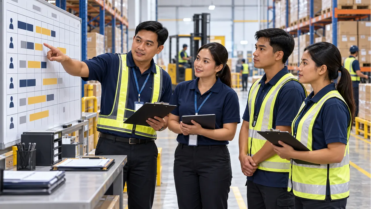 Warehouse supervisor and manpower coordinator planning worker deployment for a busy shift