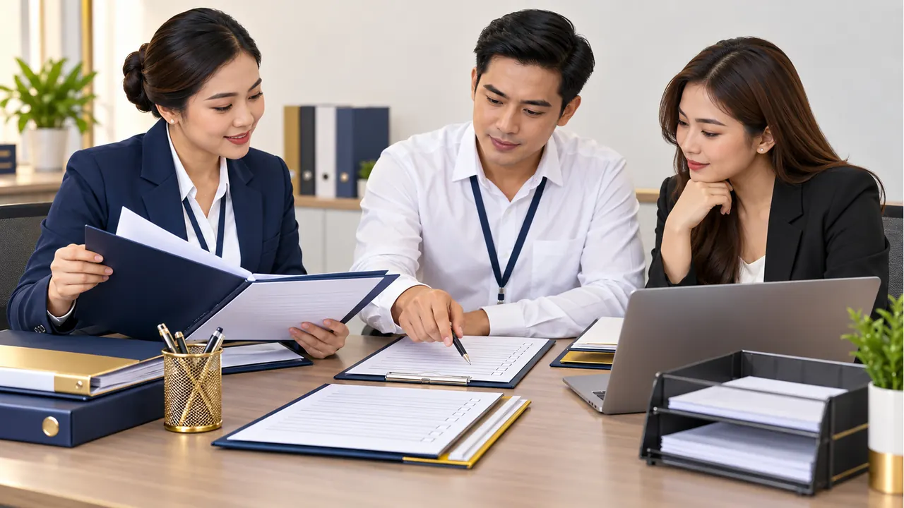 HR compliance team and client representative reviewing manpower service documents
