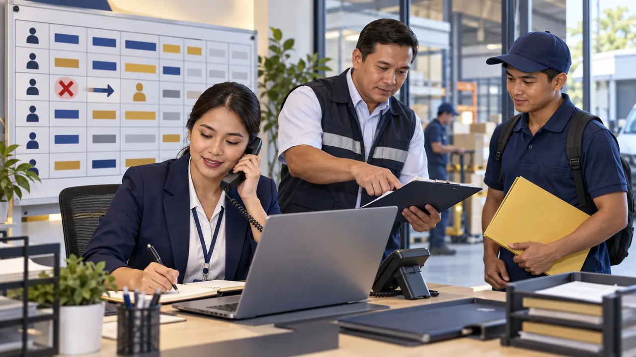 Manpower coordinator arranging replacement support while a client supervisor reviews the updated schedule
