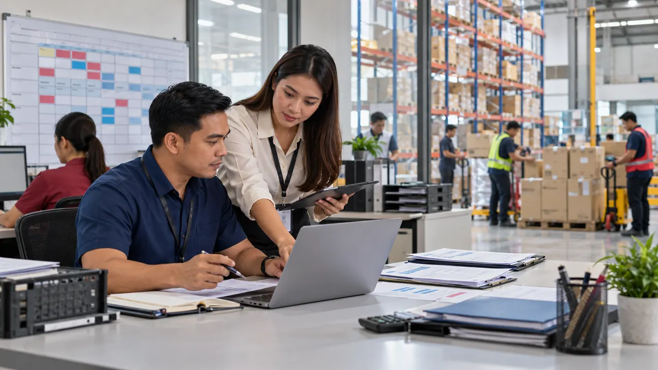 Filipino operations manager and HR coordinator calculating manpower headcount for a warehouse