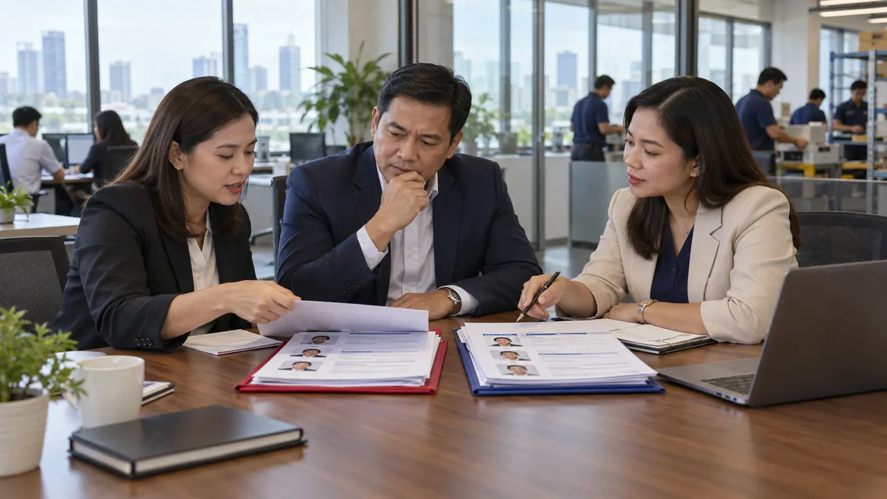 Filipino business team comparing direct hiring and manpower service options