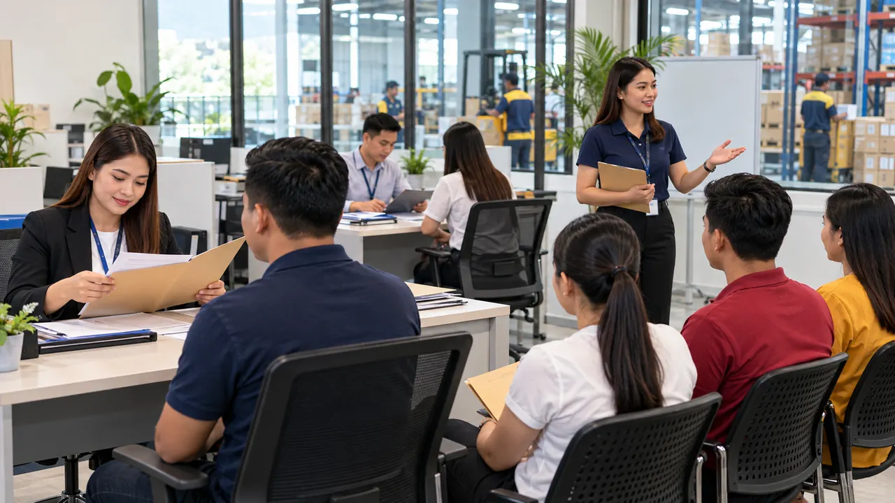Filipino manpower coordinators screening applicants and conducting local workplace orientation