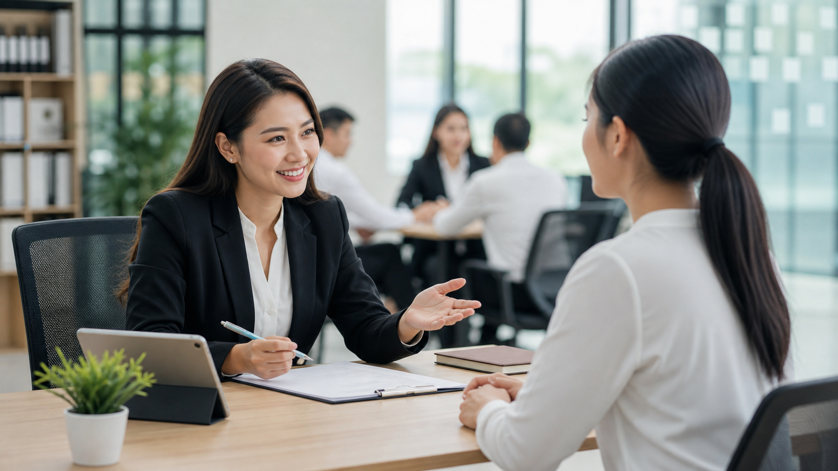 Filipino HR recruiter welcoming an applicant for manpower placement