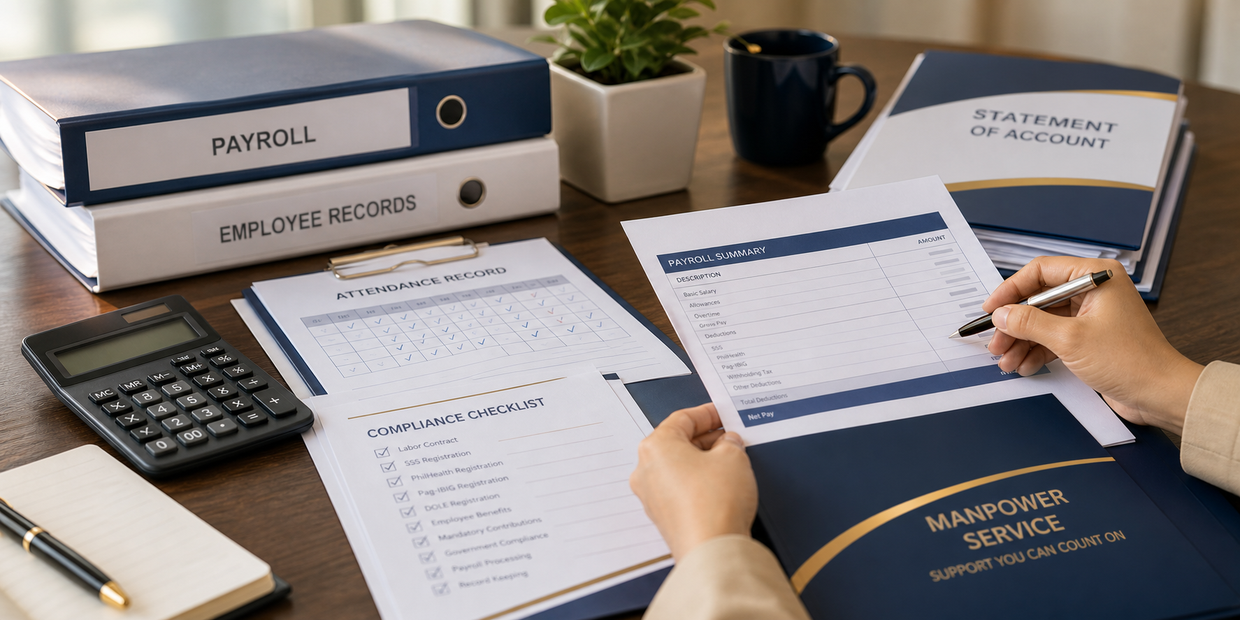 Payroll attendance compliance and statement of account documents for A&P Services Inc. manpower support