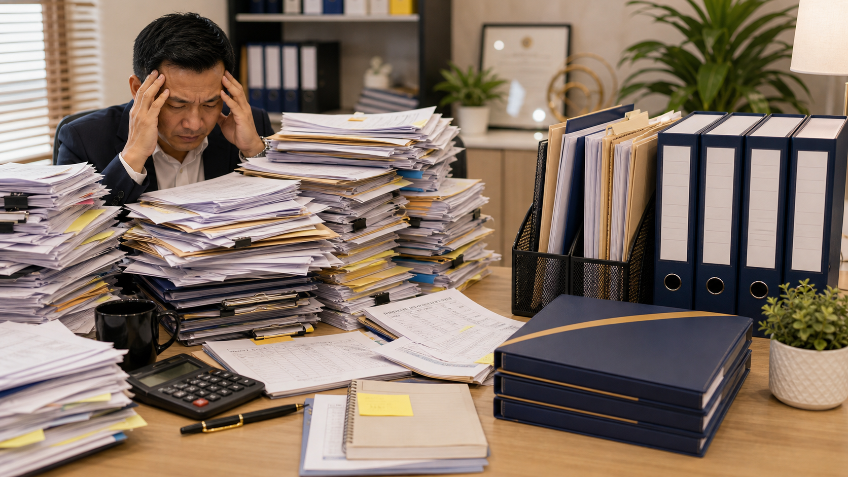 Piled-up office files folders and employee records showing administrative pressure