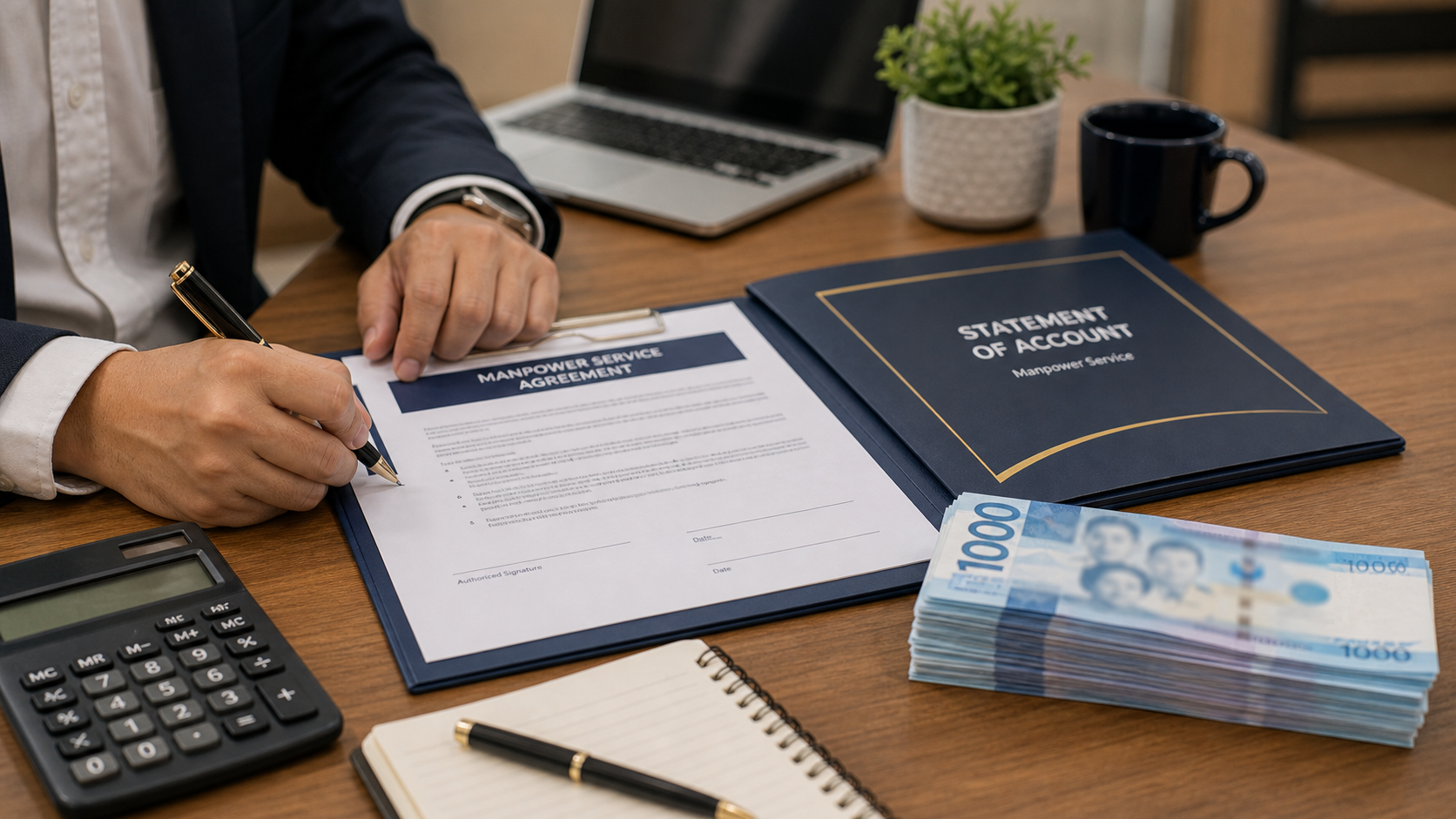Manpower service contract signing with Philippine money calculator and organized payment documents