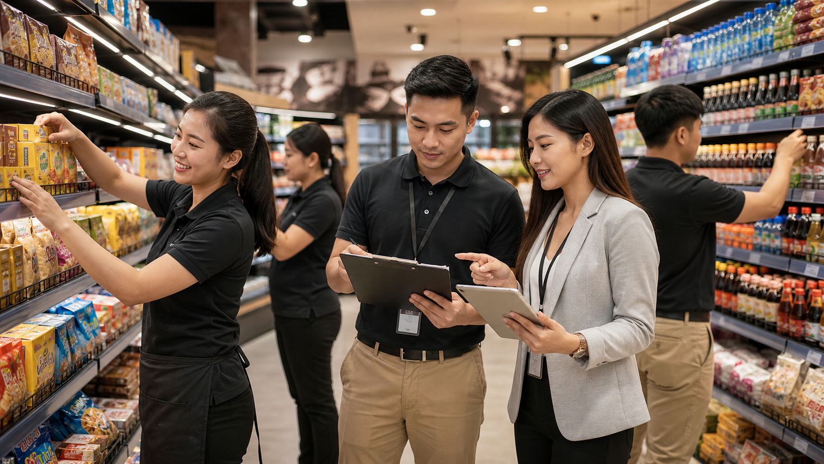 Filipino retail staff checking product displays and sales coordination