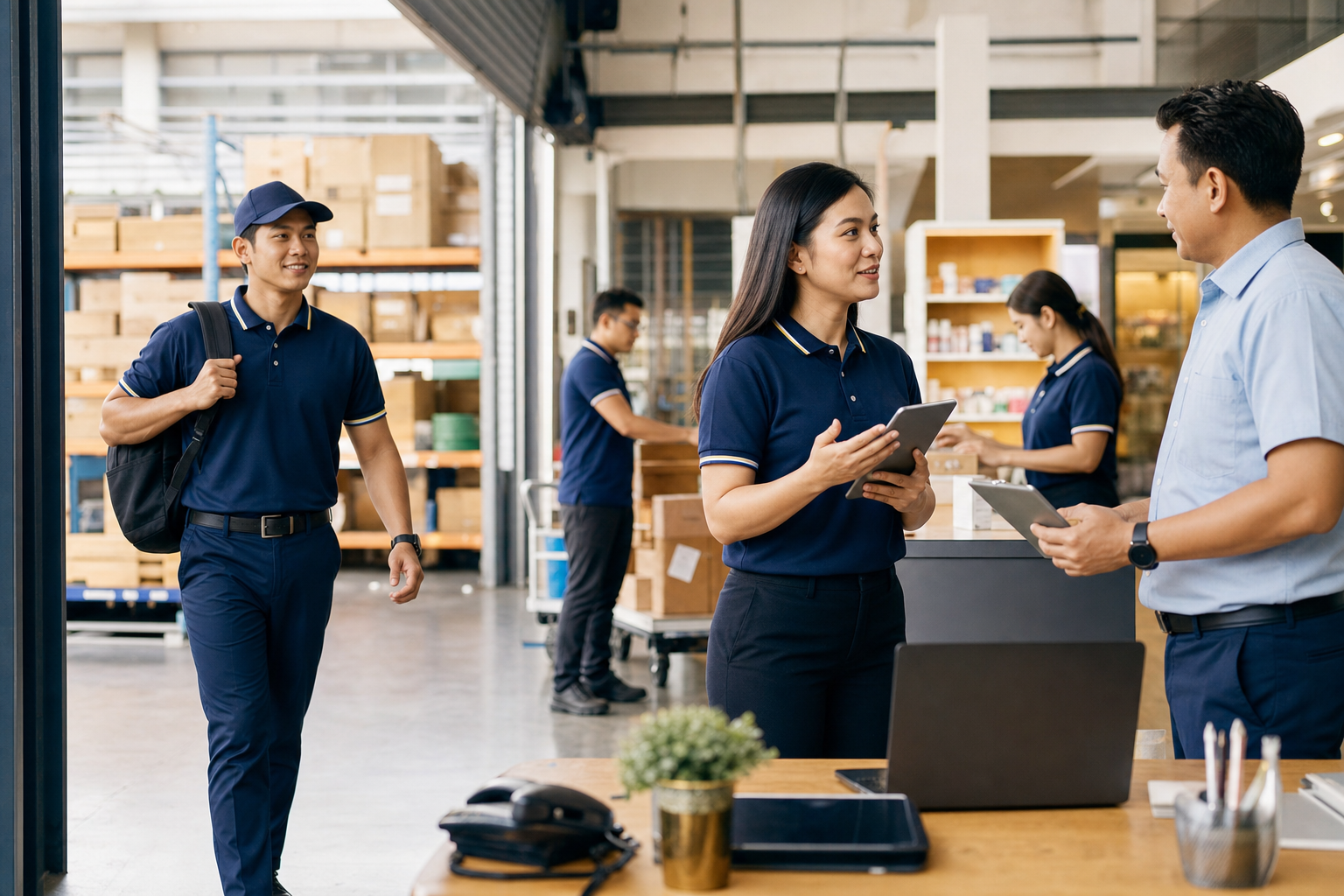 Replacement worker arriving while manpower coordinator supports a client supervisor