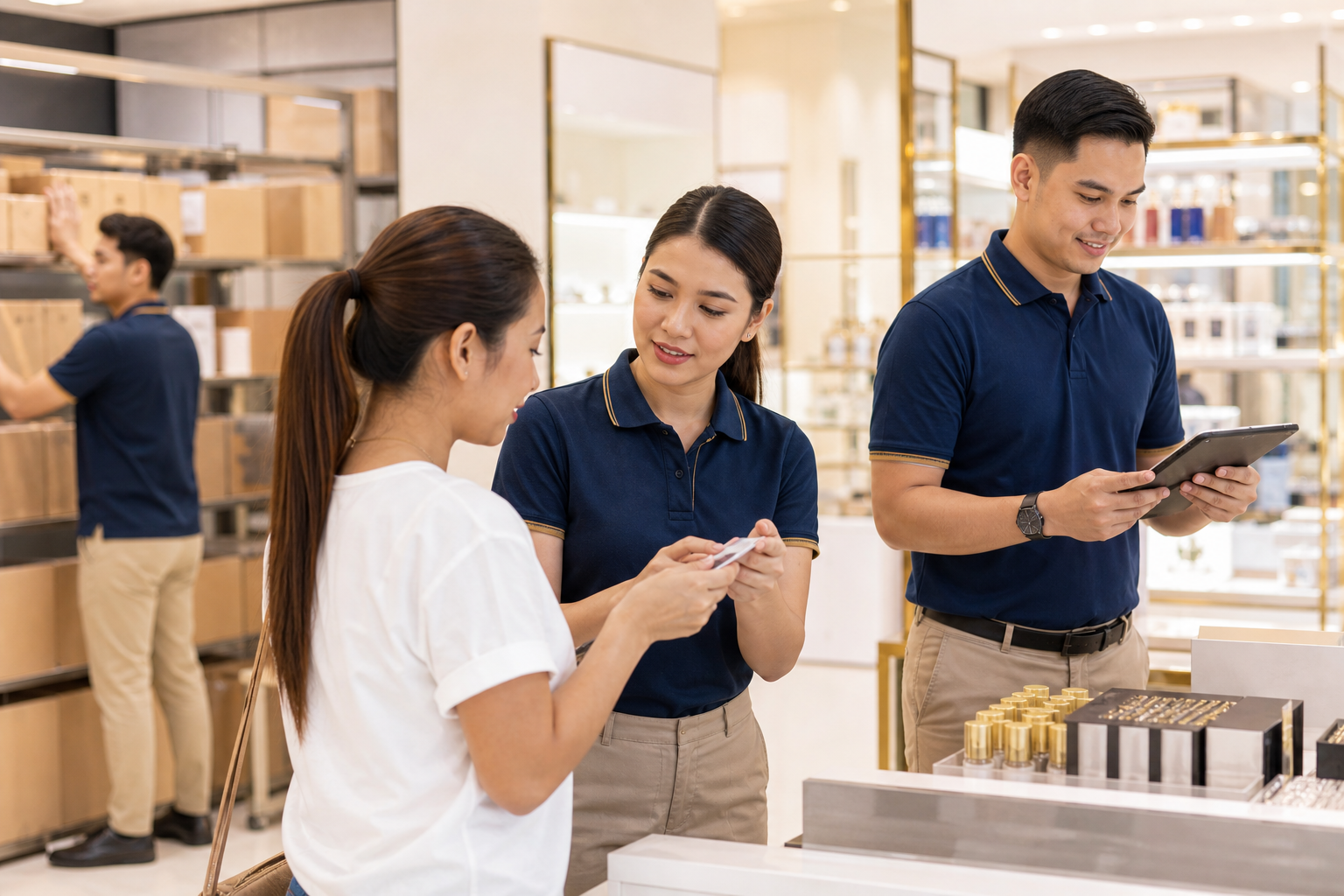 Front-line manpower team assisting a customer while coordinating retail stock support