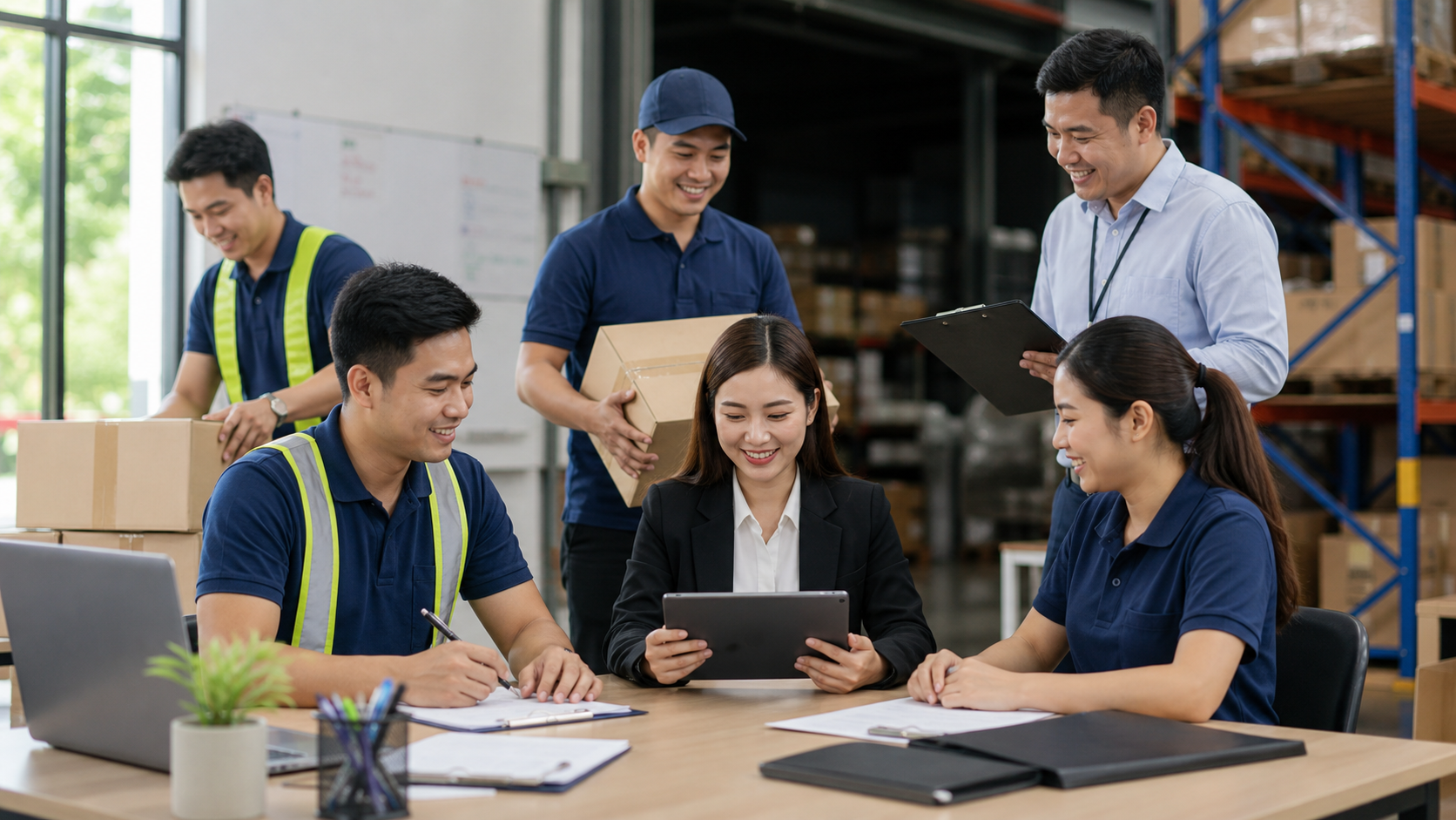 Filipino warehouse and office support staff coordinating daily operations