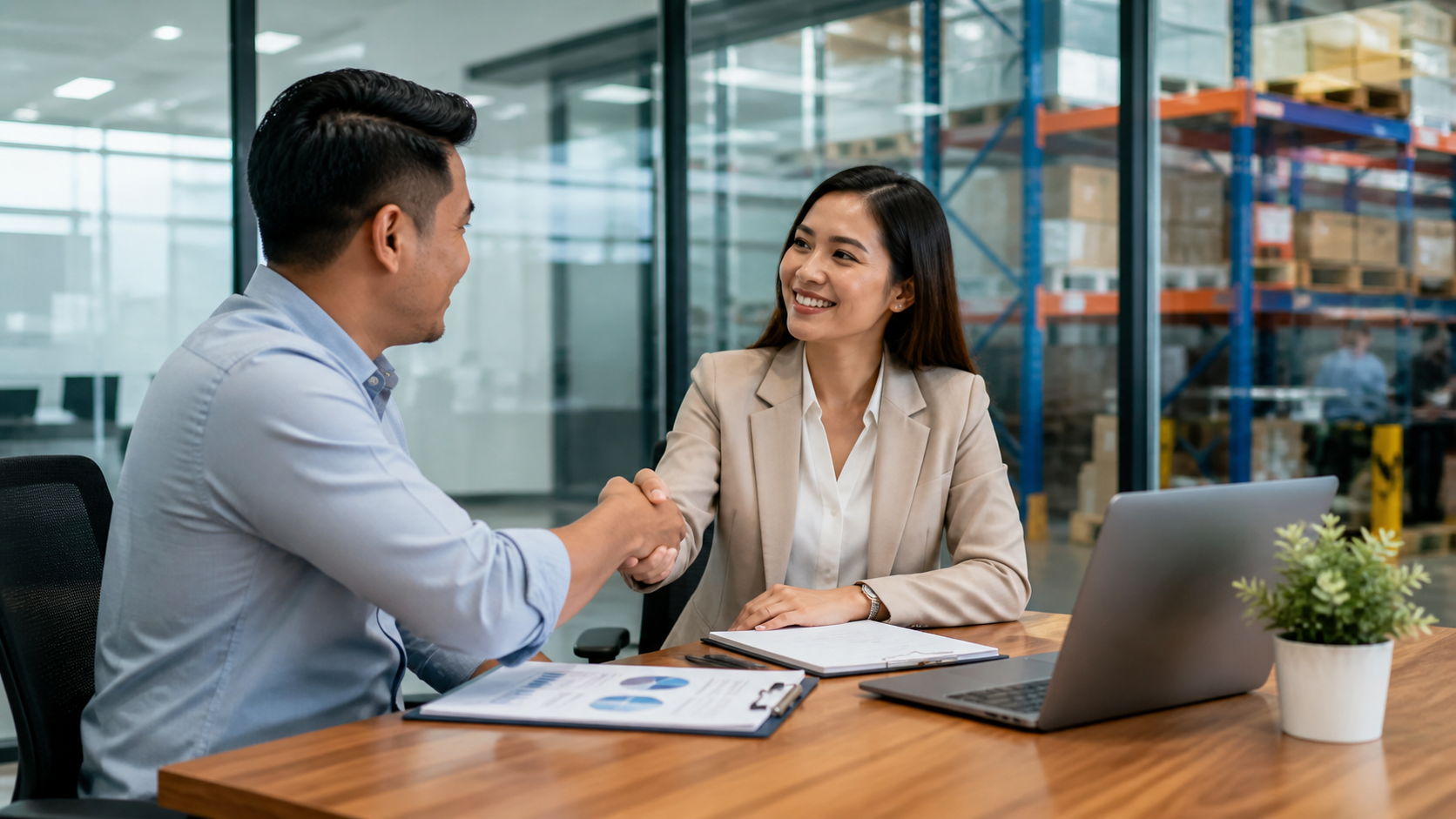 Filipino business client discussing outsourced manpower support with an HR coordinator