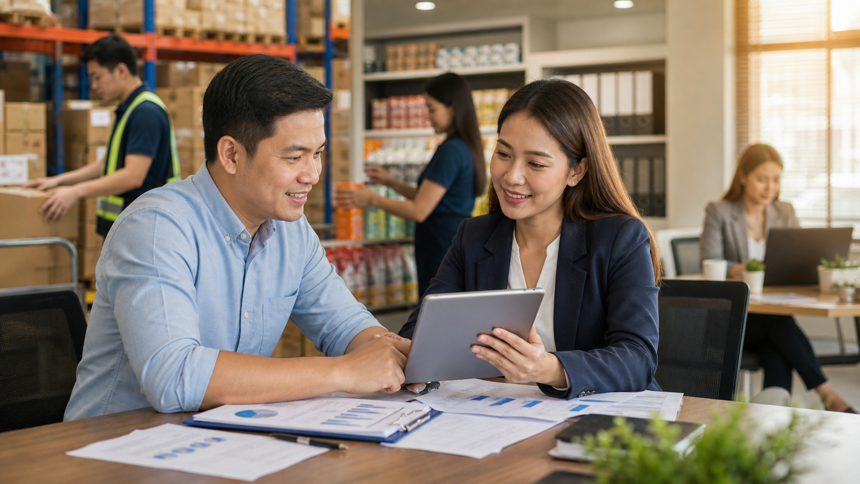 Filipino business client reviewing manpower agency staffing support with an HR coordinator