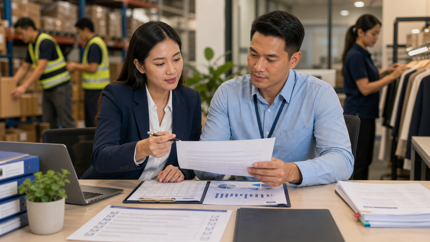Filipino HR officer reviewing labor compliance records and attendance documents